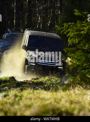 Course automobile en forêt d'automne. La concurrence, de ralliement et de quatre roues motrices concept. Véhicule utilitaire sport SUV ou surmonter les obstacles. Course de moto-cross sur Banque D'Images