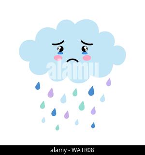 Kawaii Cute cartoon nuage bleu avec gouttes de pluie avec émotion du visage triste. Cloud pleureur vector illustration pour les affiches, cartes ou t-shirts imprimés. Illustration de Vecteur