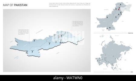 Vector set du Pakistan Pays. Carte en 3D isométrique, le Pakistan, l'Asie carte carte - avec la région, l'Etat et les noms les noms de ville. Illustration de Vecteur