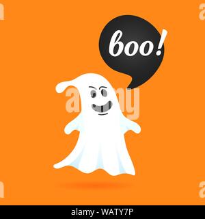 Funny halloween vol fantôme effrayant personnage dire BOO avec le texte de l'espace dans le discours bubble vector illustration isolé sur fond orange Illustration de Vecteur