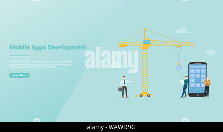 La technologie de développement des applications mobiles avec Team Developer et grue d'une télévision moderne de style et de modèle de site web pour l'atterrissage ou homepage - vector illustra Banque D'Images