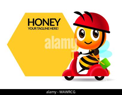 Dessin animé mignon Bee manèges livraison de scooter avec grande signalisation ou panneau - vecteur Illustration de Vecteur