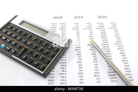 Calcul de la situation des finances pour 2020 et la calculatrice stylo papier wit Banque D'Images