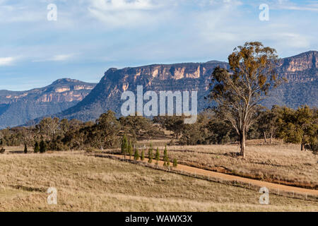 Les plaines herbeuses soutenu par le bush naturel robuste et crêtes de grès dans la vallée Capertee, NSW, Australie Banque D'Images