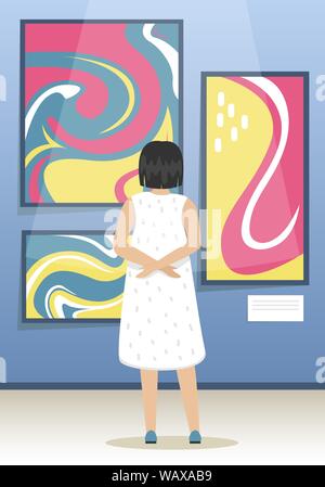 La jeune fille regarde les peintures d'artistes abstraits modernes. Musée d'Art moderne. Biennale d'art contemporain de l'intérieur minimaliste du Musée. Vector Illustration de Vecteur