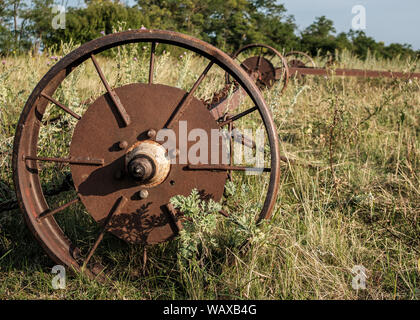 Old rusty roues de machines agricoles abandonnés dans l'herbe sèche Banque D'Images