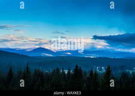 Le Monténégro, vaste forêt vert des collines couvertes de conifères dans le parc national de Durmitor nature paysage près de zabljak dans la soirée après le coucher du soleil depuis l'ab Banque D'Images