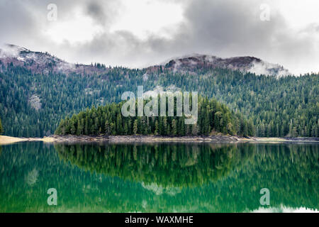 Le Monténégro, vert des arbres de la forêt se reflétant dans l'eau silencieuse de Black Lake dans le parc national de Durmitor près de zabljakr au printemps Banque D'Images