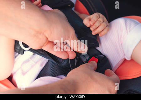 Le processus de la fixation des ceintures de sécurité sur un siège pour enfant dans la voiture. Sécurité pour les enfants, la sécurité des transports Banque D'Images