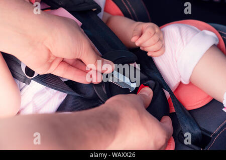 Le processus de la fixation des ceintures de sécurité sur un siège pour enfant dans la voiture. Sécurité pour les enfants, la sécurité des transports Banque D'Images