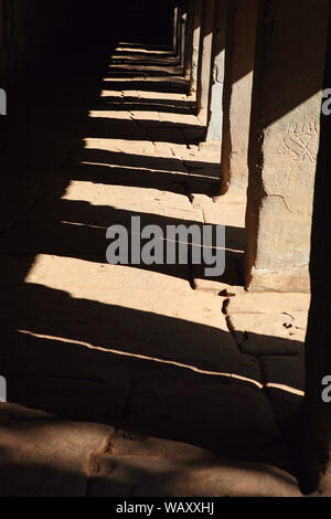 La lumière du soleil et l'ombre dans l'est de la galerie, troisième enceinte, Ta Prohm, Angkor, Siem Reap, Cambodge Banque D'Images