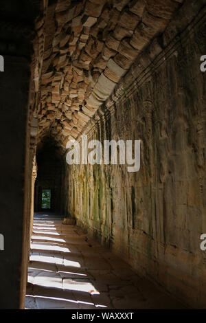 La lumière du soleil et l'ombre dans l'est de la galerie, troisième enceinte, Ta Prohm, Angkor, Siem Reap, Cambodge Banque D'Images