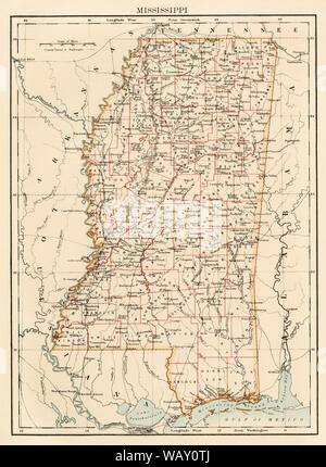 La carte du Mississippi, années 1870. Llithograph couleur Banque D'Images