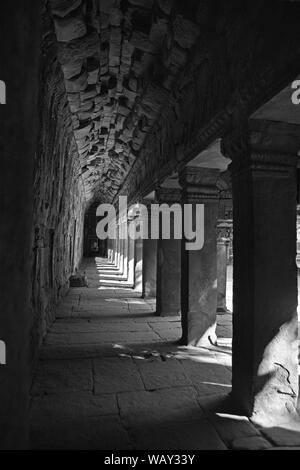 La lumière du soleil et l'ombre dans l'est de la galerie, troisième enceinte, Ta Prohm, Angkor, Siem Reap, Cambodge. Version noir et blanc Banque D'Images