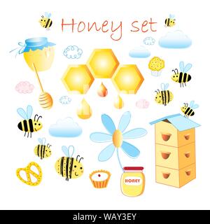 Vector set de miel savoureux lumineux et cartoon abeilles isolé sur fond blanc. Les modèles pour la publicité des magasins et du miel. Illustration de Vecteur