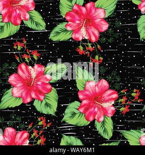 Belle fleur tropicale rouge avec motif transparent black laisser Banque D'Images
