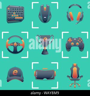 Esports couleur icons set. Tournoi de jeu. Dispositifs de jeux vectoriels dans dark techno couleurs. Infographie cybersport illustration. Illustration de Vecteur