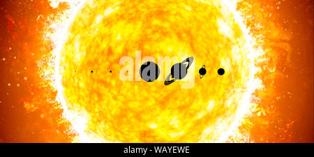 Système solaire, les planètes contre le soleil. Silhouette de la planètes, soleil dans l'arrière-plan. Rapport entre les quantités de corps célestes. Banque D'Images
