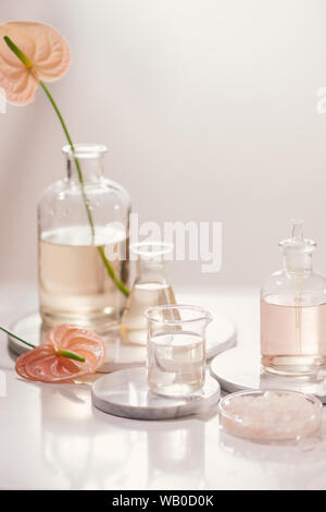 Bouteilles avec différentes huiles de parfum sur la table Banque D'Images