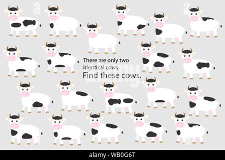 Trouver deux vaches identiques, jeu de puzzle pour les enfants de l'éducation préscolaire, de l'activité Feuille de tâche pour les enfants, pour le développement de la pensée logique et m Illustration de Vecteur