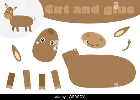 Ane en style dessin animé, jeu de l'éducation pour le développement des enfants d'âge préscolaire, des ciseaux et de la colle pour créer l'appliqué, de couper certaines parties de l'imag Illustration de Vecteur