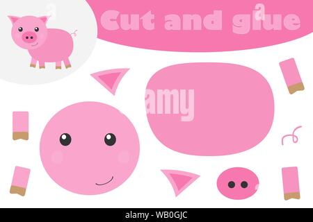 Chat en style dessin animé, jeu de l'éducation pour le développement des enfants d'âge préscolaire, des ciseaux et de la colle pour créer l'appliqué, de couper certaines parties de l'image une Illustration de Vecteur