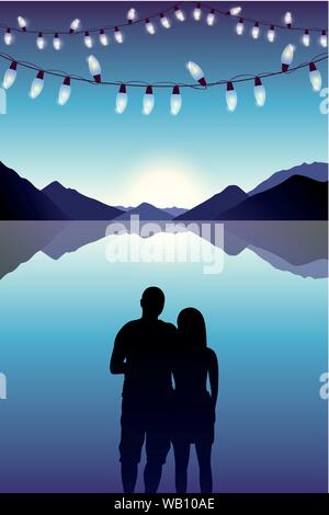 Couple dans l'amour en mer et beau coucher de soleil avec lumière féerique illustration vecteur EPS10 Illustration de Vecteur