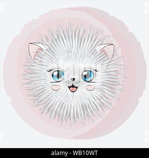 Fluffy ronde cartoon chat, chaton blanc stylisé. Peut être utilisé pour t-shirt print, Kids wear fashion design, carte d'invitation de douche de bébé ;. Illustration de Vecteur