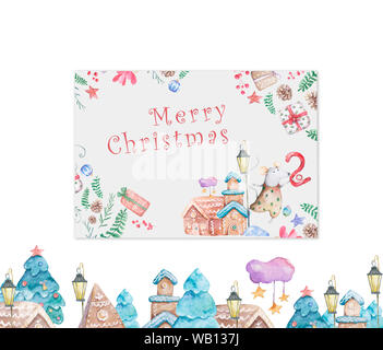 Cartes de vœux aquarelle des fêtes d'hiver avec arbre du nouvel an, boîte-cadeau, ensemble de Noël et motif typographique. Illustration. Illustration dessinée à la main à la Banque D'Images