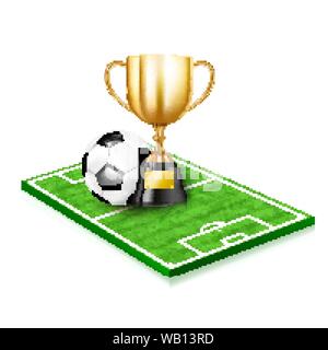 Trophée d'or et ballon de soccer football isolé sur fond blanc vector illustration, avec copie espace Illustration de Vecteur