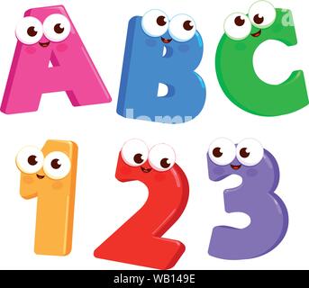 Lettres et chiffres de dessins animés. Caractères mignons de lettre et de chiffre dans la classe de maternelle à l'école. Illustration vectorielle Illustration de Vecteur