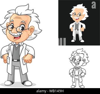 Vieil homme heureux le professeur avec les mains sur les hanches Cartoon character design, dont une télévision et les dessins de broderie, Vector Illustration. Illustration de Vecteur