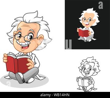 Vieil homme heureux le professeur avec des lunettes pour lire un livre Cartoon character design, dont une télévision et les dessins de broderie, Vector Illustration. Illustration de Vecteur