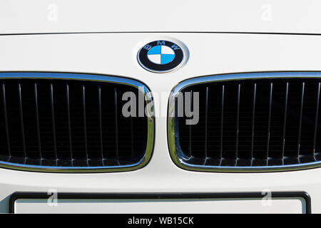 Stade, Allemagne - le 22 août 2019 : BMW logo ci-dessus grill à l'avant de voiture blanche. Banque D'Images