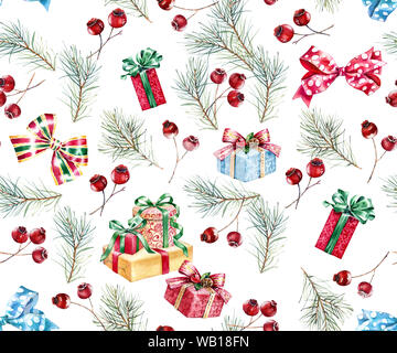 Aquarelle de Noël motif transparent. Illustration peinte à la main avec des arbres de pin, fruits rouges, des arcs et des cadeaux. Maison de vacances d'hiver isolé sur fond Banque D'Images