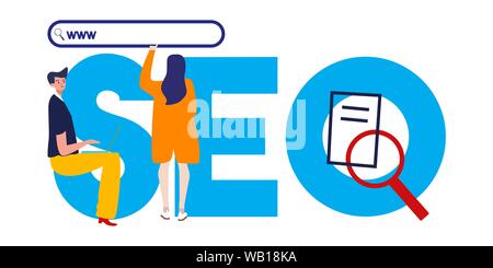 SEO l'optimisation des moteurs de recherche. Illustration de l'homme et de la femme d'optimiser la visibilité du site web dans le moteur de recherche. La taille du texte et la loupe. Illustration de Vecteur