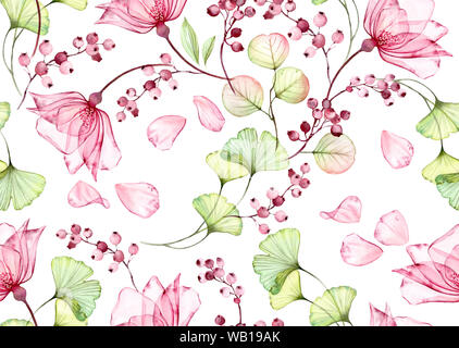 L'aquarelle transparente rose. Motif florale. La main isolé avec le vol, pétales de fleurs, d'eucalyptus et de petits fruits pour écran conception Banque D'Images