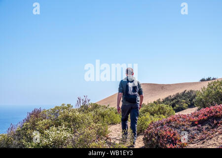 Young male hiker marche à Concon dune de sable de Viña del Mar, Chili Banque D'Images