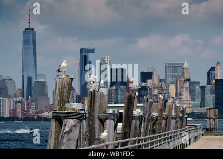 Vue sur la vieille jetée en bois avec la partie basse de Manhattan en arrière-plan de la Statue de la liberté, Liberty Island, New York, USA Banque D'Images