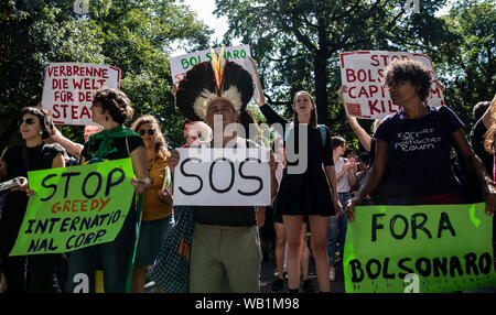 23 août 2019, l'Allemagne (allemand), Berlin : stand des manifestants avec des signes en face de l'ambassade du Brésil. La protestation contre le gouvernement du Président brésilien Bolsonaro dans le cadre de l'incendie de forêt en Amazonie. Photo : Paul Zinken/dpa Banque D'Images