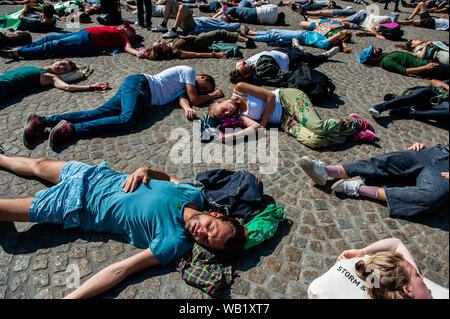 Un groupe de militants se coucher sur le sol comme ils prennent part au cours de la manifestation.L'extinction des militants du groupe de rébellion à Amsterdam a organisé une manifestation de solidarité avec les protecteurs de la forêt tropicale amazonienne et militantes à l'échelle du monde. Des centaines de personnes rassemblées autour de la place du Dam à démontrer leur appui. Banque D'Images