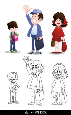 Illustration d'une famille à prendre l'avion alors que transporter un sac de voyage isolées sur fond blanc Banque D'Images