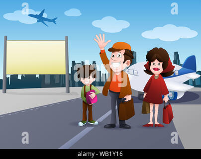 Illustration d'une famille à prendre l'avion alors que transporter un sac de voyage sur l'arrière-plan de l'aéroport Banque D'Images