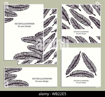 Collection avec des plumes à la main isolé sur fond blanc. Artistiquement dessinés à la main des modèles Cartes de fête. Définir des éléments de conception. Illustration de Vecteur