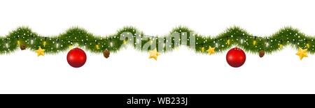 Guirlande de Noël couvert de neige. Nouvelle année les guirlandes du sapin avec lumières parti, des boules de noël, étoiles d'or et des pommes de pin Illustration de Vecteur