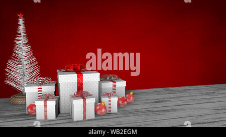 Vue avant du groupe des cadeaux avec ruban blanc et rouge s'incline sur un plancher en bois blanc, orné de boules rouges et blanc arbre de Noël sur une red back Banque D'Images