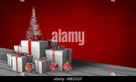 Vue avant du groupe des cadeaux avec ruban blanc et rouge s'incline sur un plancher en bois blanc, orné de boules rouges et blanc arbre de Noël sur une red back Banque D'Images