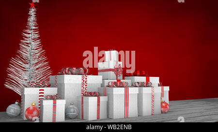 Vue avant du groupe des cadeaux avec ruban blanc et rouge s'incline sur un plancher en bois blanc, orné de boules rouges et blanc arbre de Noël sur une red back Banque D'Images