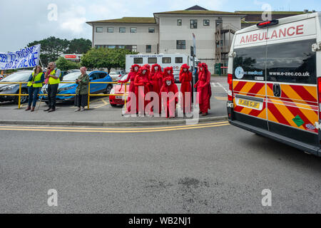 L'Hôpital Royal de Cornouailles, Truro, Cornwall. La troupe de protestation Performance rebelles rouge attendre que Boris Johnson à l'extérieur de l'hôpital après une visite surprise Banque D'Images