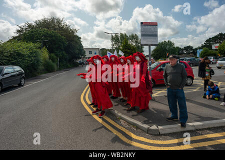 L'Hôpital Royal de Cornouailles, Truro, Cornwall. La troupe de protestation Performance rebelles rouge attendre que Boris Johnson à l'extérieur de l'hôpital après une visite surprise Banque D'Images